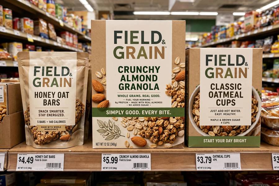Product packaging with brand slogans on a store shelf