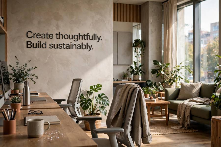 Brand tagline displayed on modern office wall