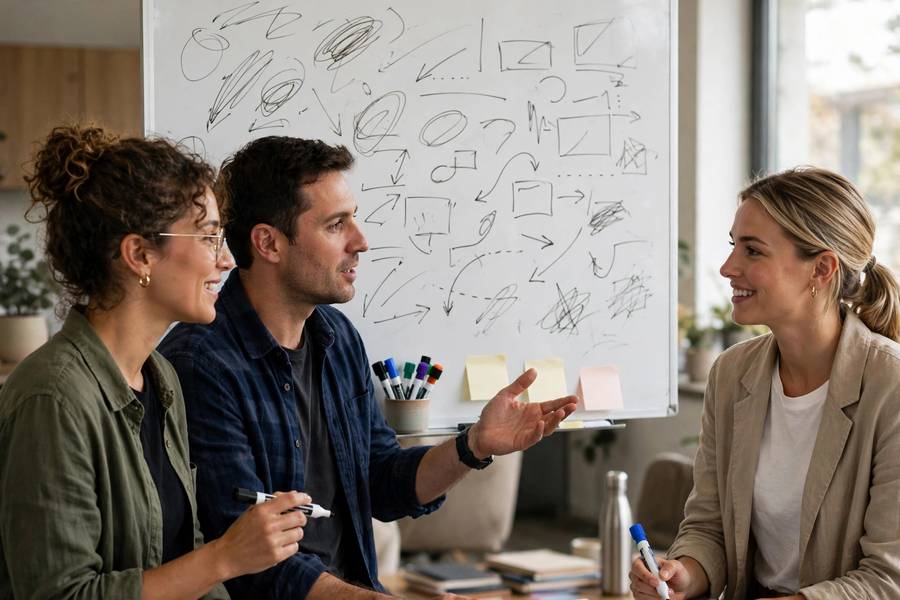 Marketing team brainstorming slogans on whiteboard