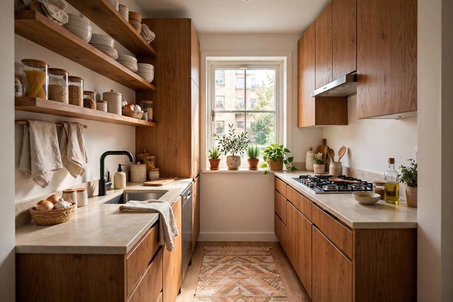 Charming small galley apartment kitchen with wood accents, open shelf, and runner rug
