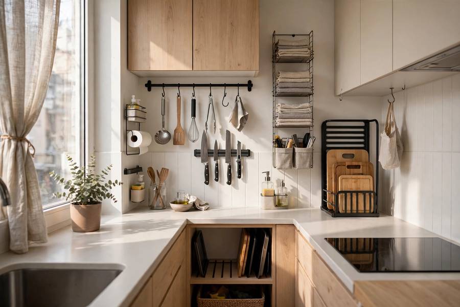 Small apartment kitchen with vertical storage: hanging rail, magnetic knife strip, and organizers
