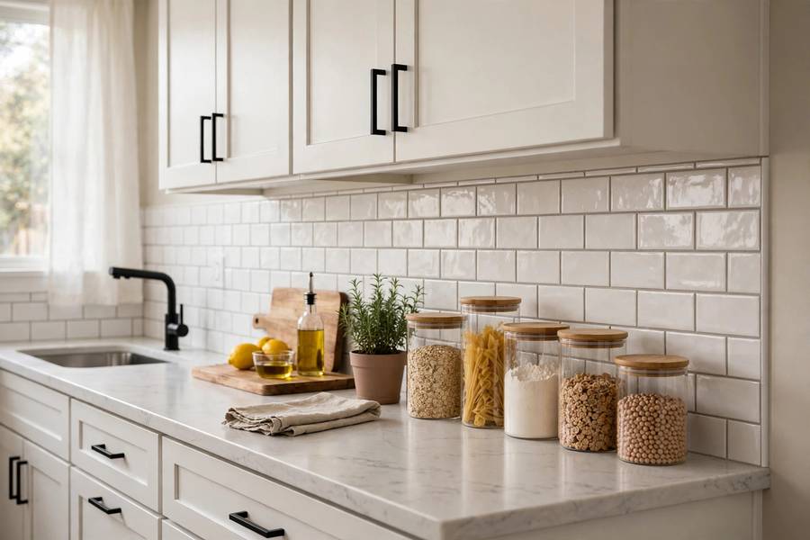 Refreshed rental kitchen with peel-and-stick backsplash, new hardware, and glass storage jars