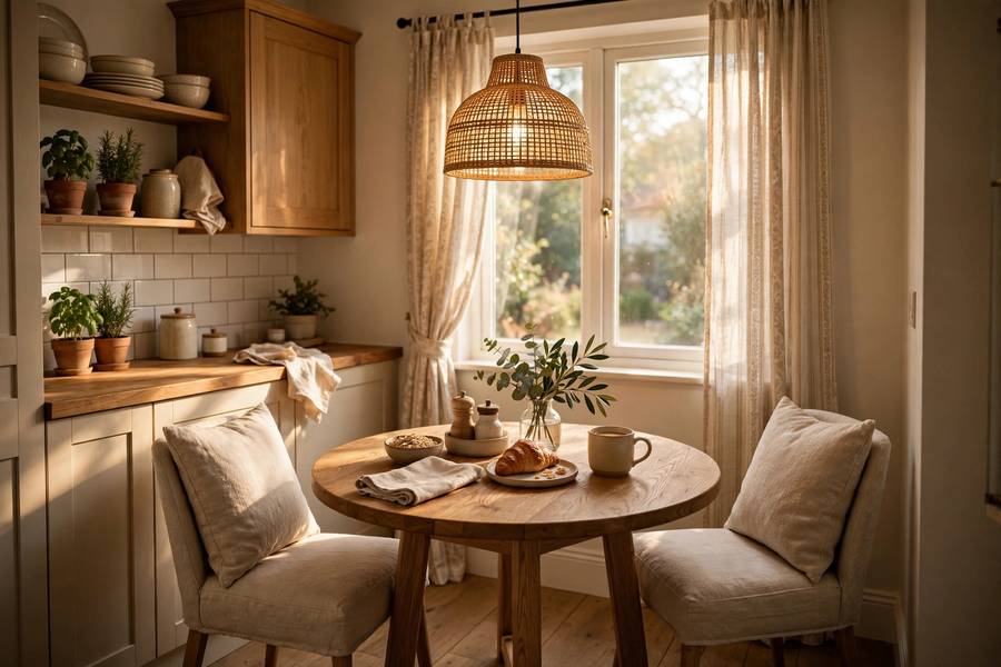 Cozy small kitchen eating nook with round table, pendant light, and cafe curtains