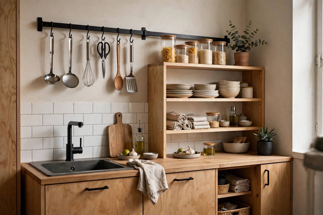 Compact apartment kitchen with wall-mounted rails, hanging utensils, and organized open shelving