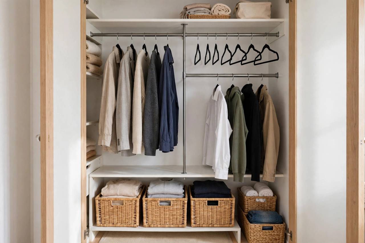 Neatly organized small closet with slim hangers, labeled bins, and double hanging rods