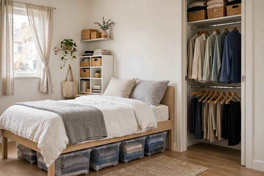 Small apartment bedroom with under-bed rolling bins and organized double-rod closet