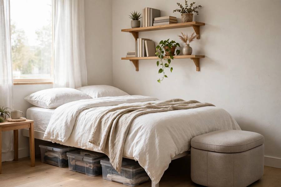 Small apartment living room with storage ottoman, baskets, and hidden storage furniture