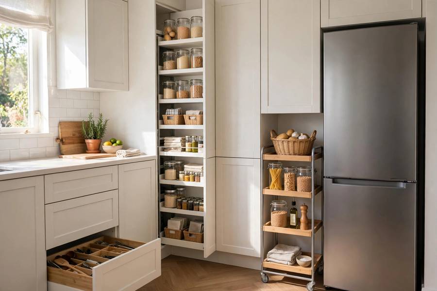 Organized small kitchen with vertical storage, slim rolling cart, and cabinet organizers
