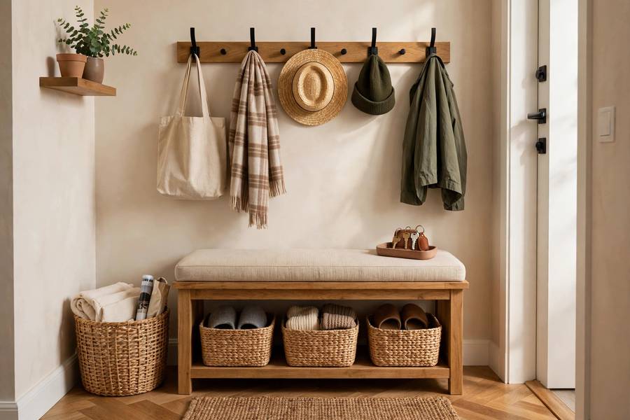 Welcoming small apartment entryway with hooks, shoe bench, and organizational baskets