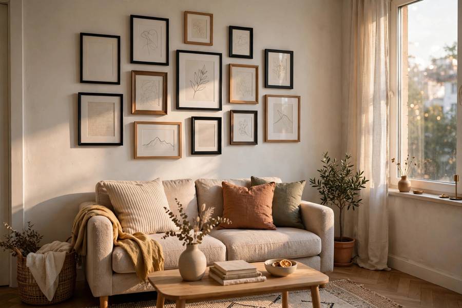 Cozy small apartment living room with gallery wall of framed art above sofa