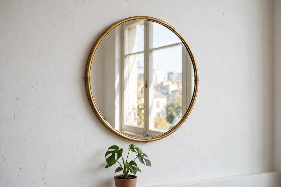 Round mirror hung on small apartment wall reflecting window light