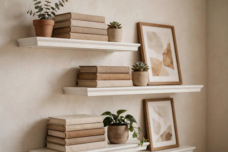 Floating shelves styled with books plants and frames in small apartment