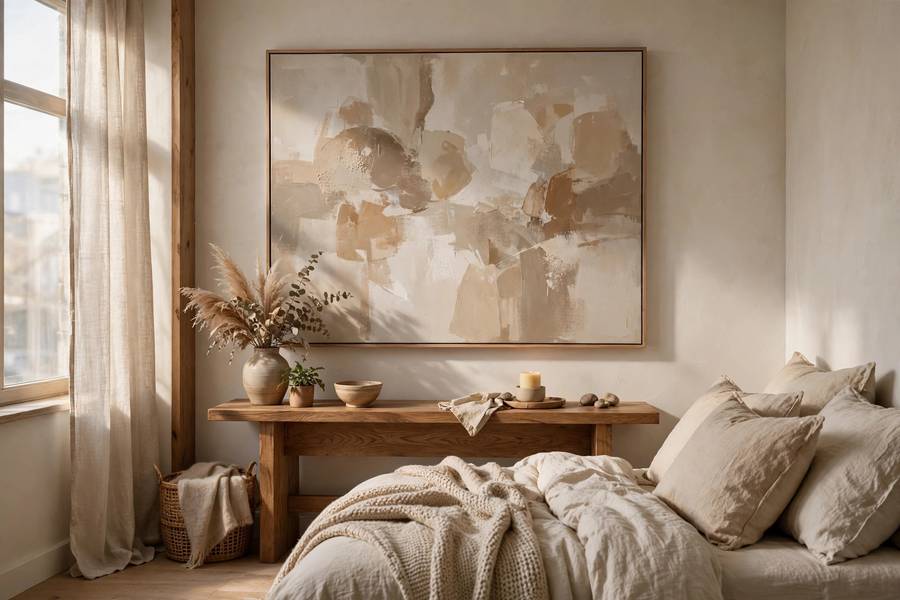 Large abstract canvas art hanging above console in compact bedroom