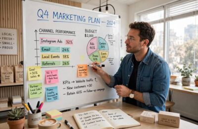 Planning small business marketing strategies on a whiteboard with the team