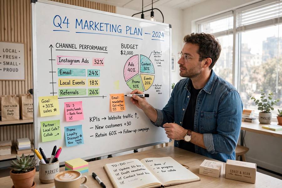 Planning small business marketing strategies on a whiteboard with the team