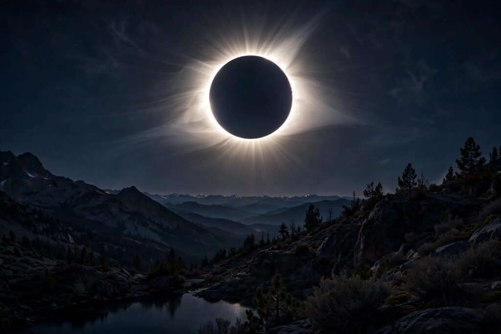 Total solar eclipse with the sun's corona visible in a dark sky