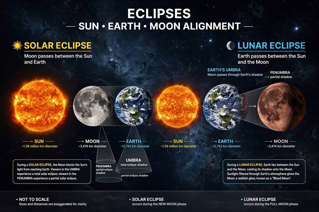 Diagram showing the alignment of sun, moon, and earth during eclipses