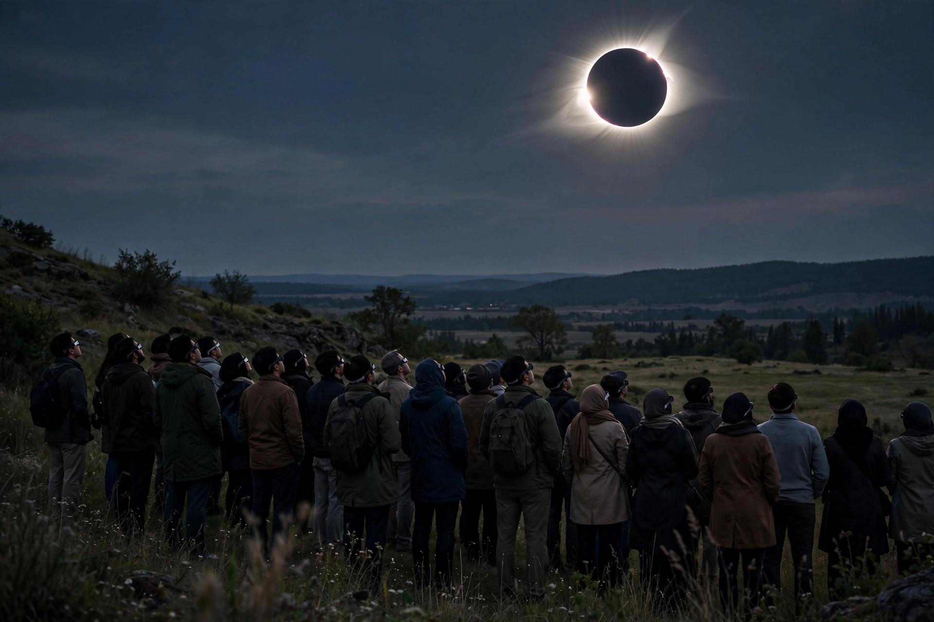 Crowd watching a solar eclipse through protective glasses