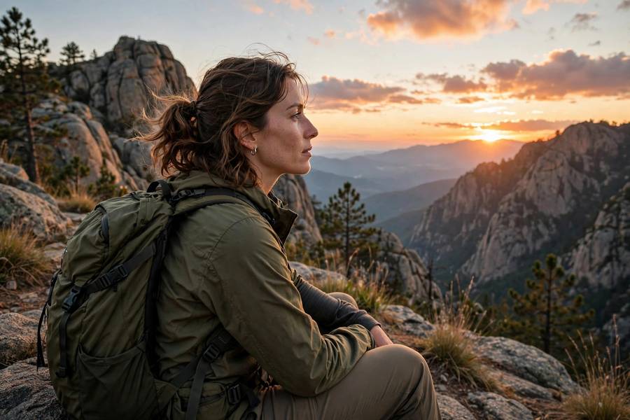 Solo woman backpacker watching sunset at viewpoint