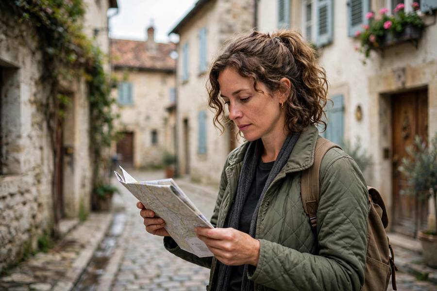 Woman traveler with map in European old town street