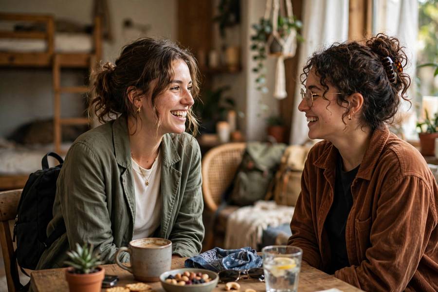 Solo female traveler making friends at hostel