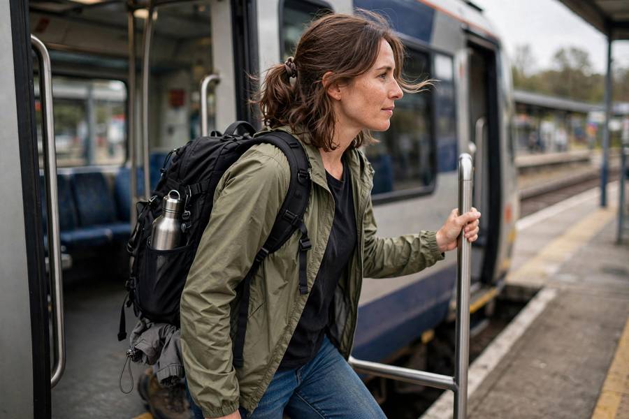 Woman with backpack boarding train solo travel