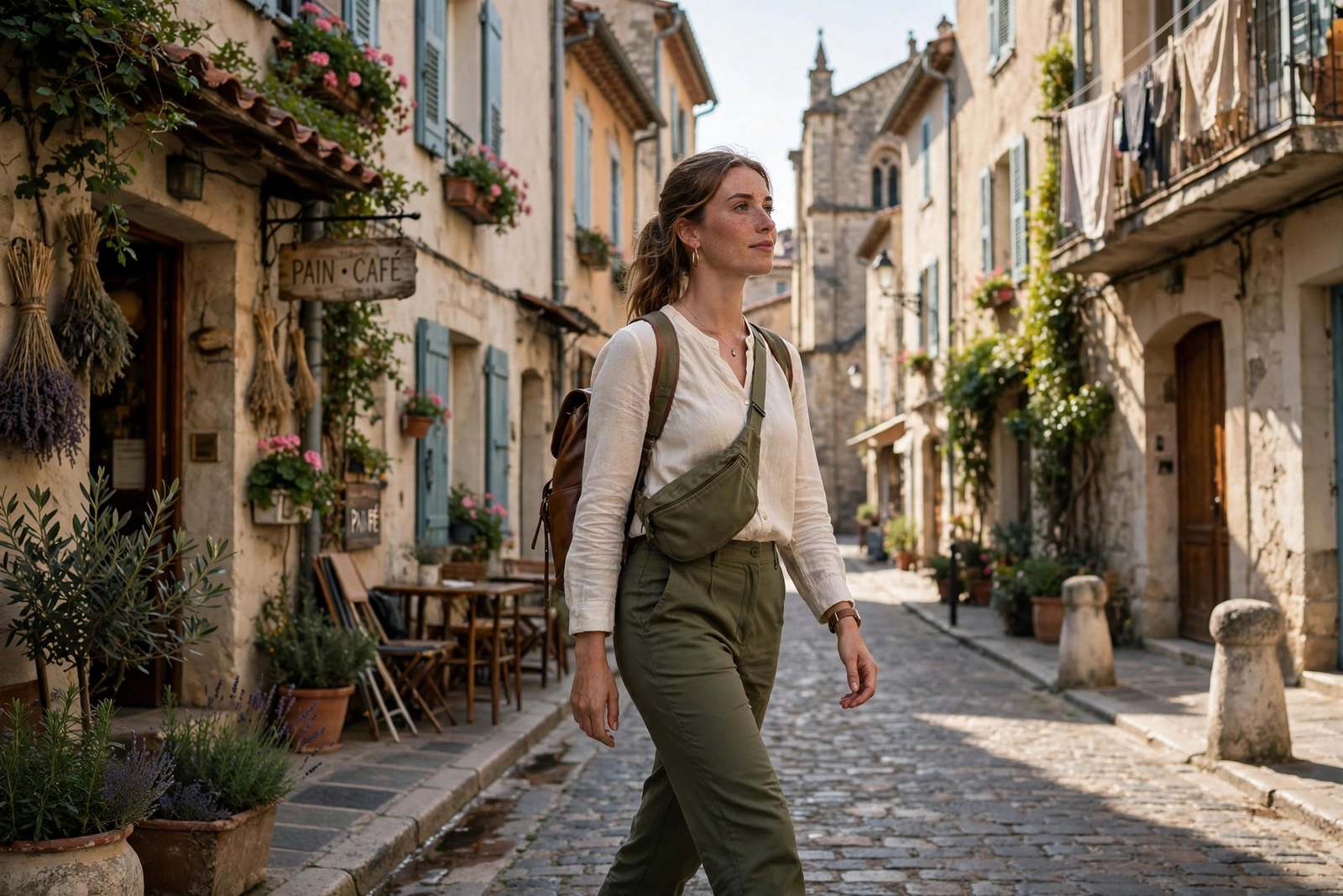 Solo female traveller walking confidently through a sunlit old town street