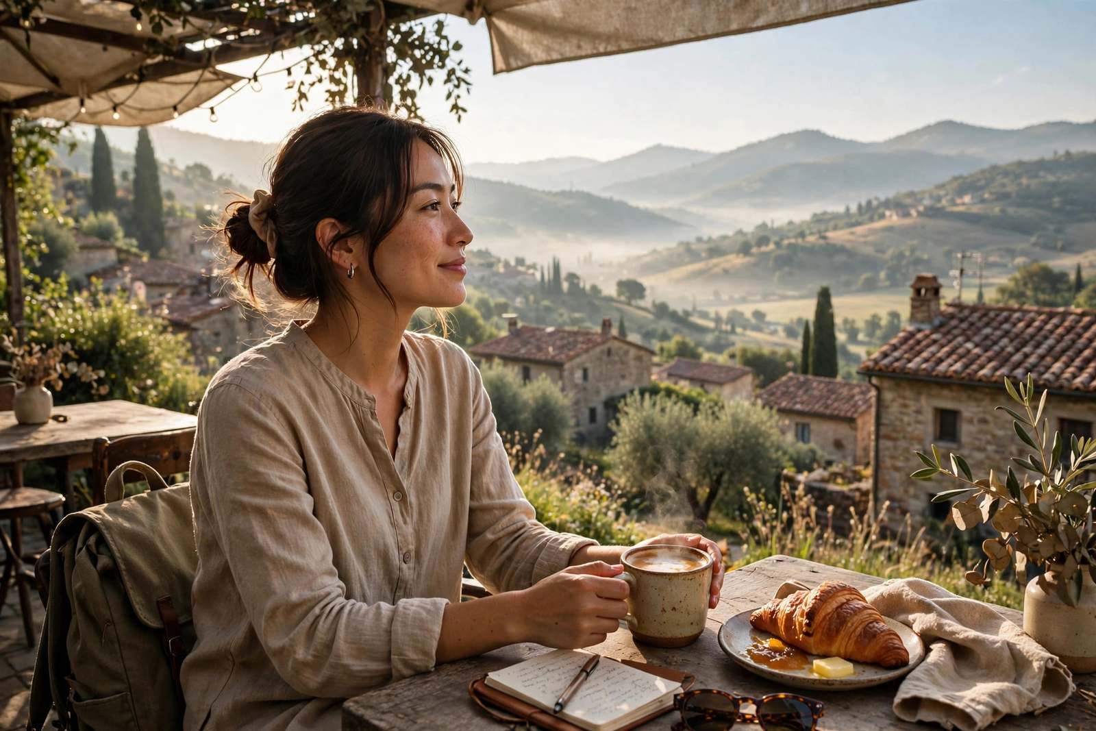 Solo traveller enjoying coffee and a pastry at an outdoor cafe
