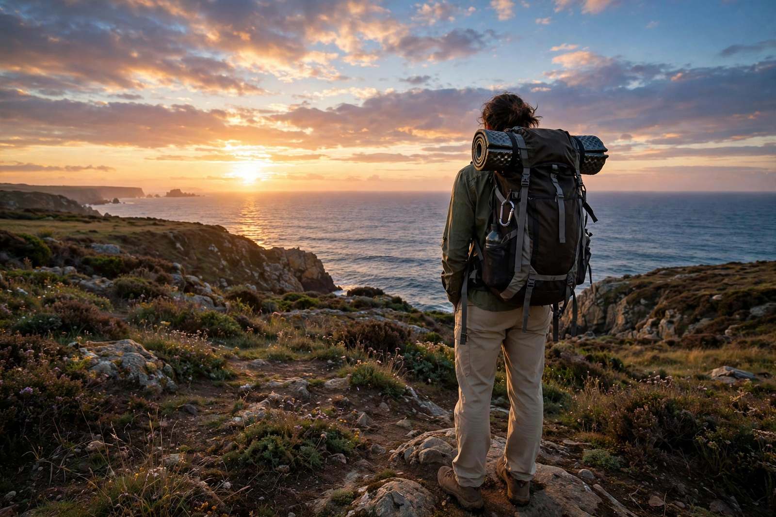Backpacker watching the sunset alone from a scenic coastal viewpoint