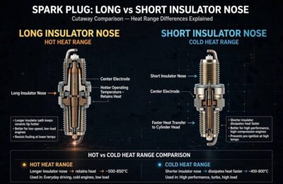 Hot vs cold spark plug heat range comparison showing insulator nose differences