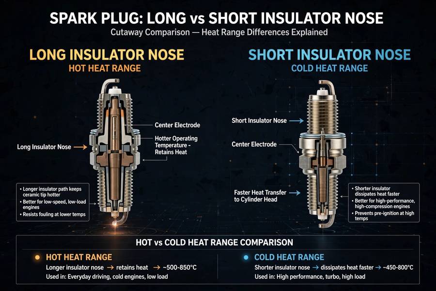Hot vs cold spark plug heat range comparison showing insulator nose differences