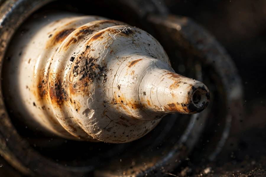 Close-up of spark plug insulator nose showing heat range effects