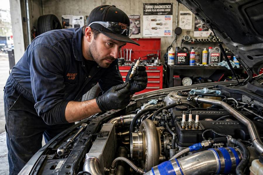 Mechanic checking spark plug heat range on a turbocharged engine