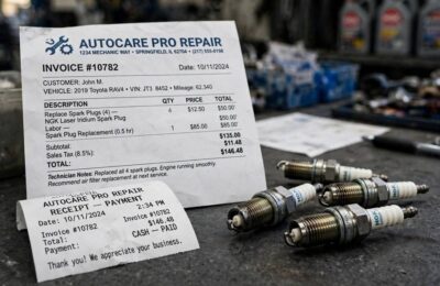 Auto shop invoice showing spark plug replacement cost