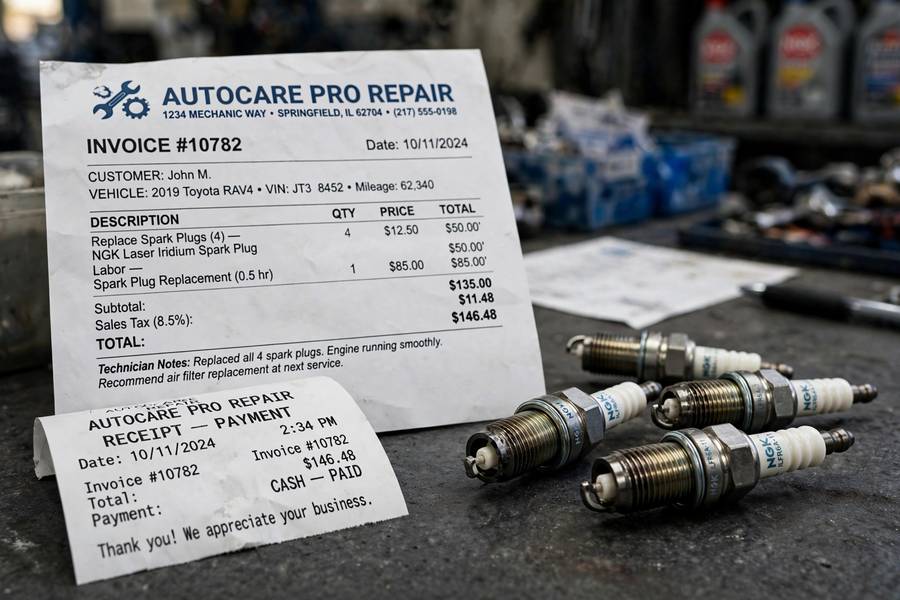 Auto shop invoice showing spark plug replacement cost