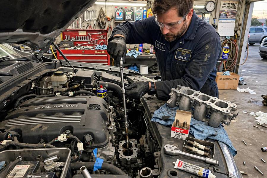 Mechanic replacing spark plugs on a V6 engine with difficult plug access