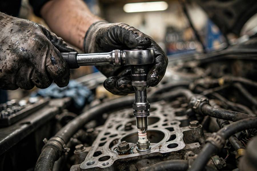 Torquing a spark plug to spec with a torque wrench