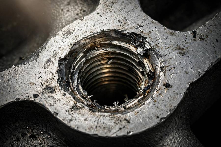 Damaged stripped spark plug threads in an aluminum cylinder head from over-tightening