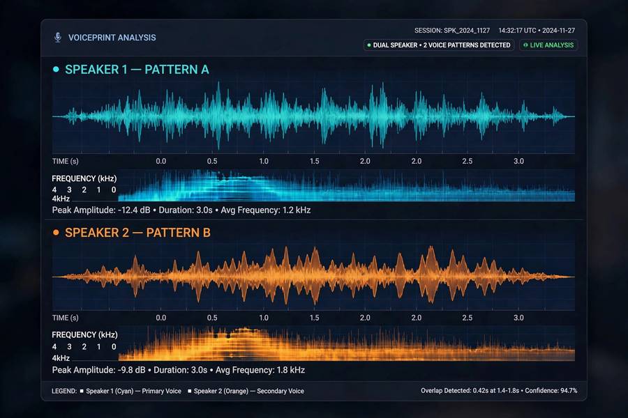Speaker identification vs speech recognition — distinct voiceprints for two speakers