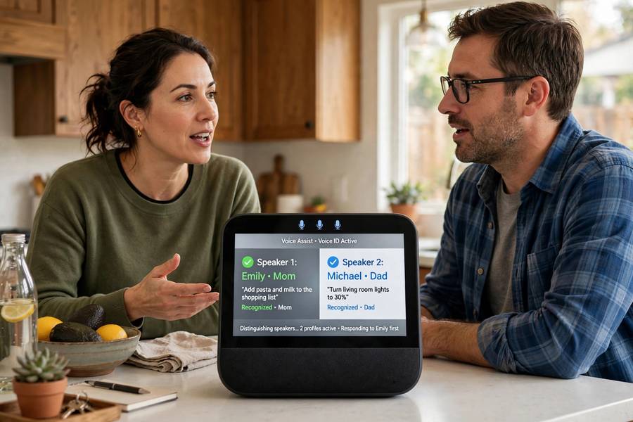 A smart speaker performing speaker identification for two family members