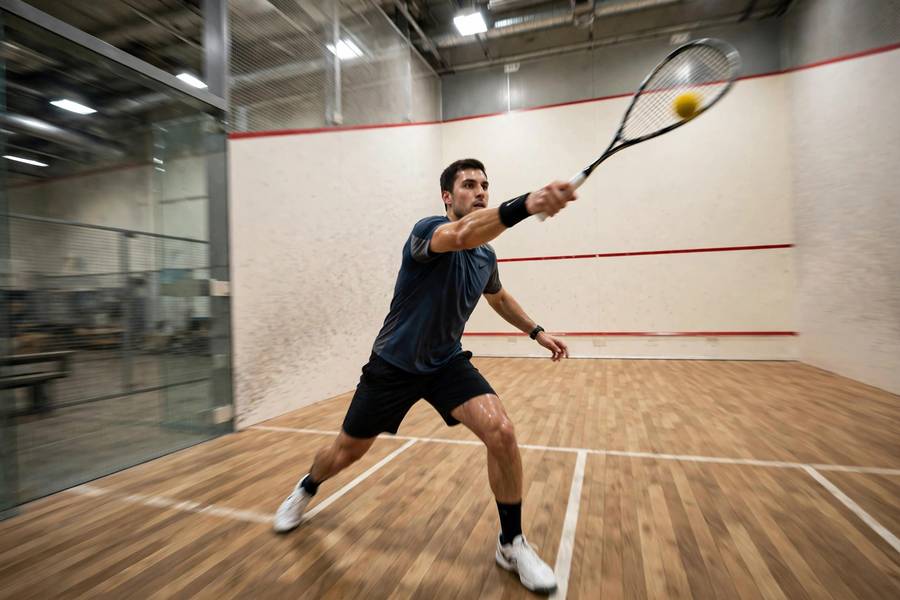 Squash player serving on a regulation-size squash court