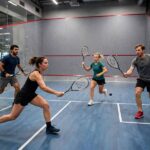 Photorealistic photo of four players in a squash doubles rally on a wide doubles court, dynamic action