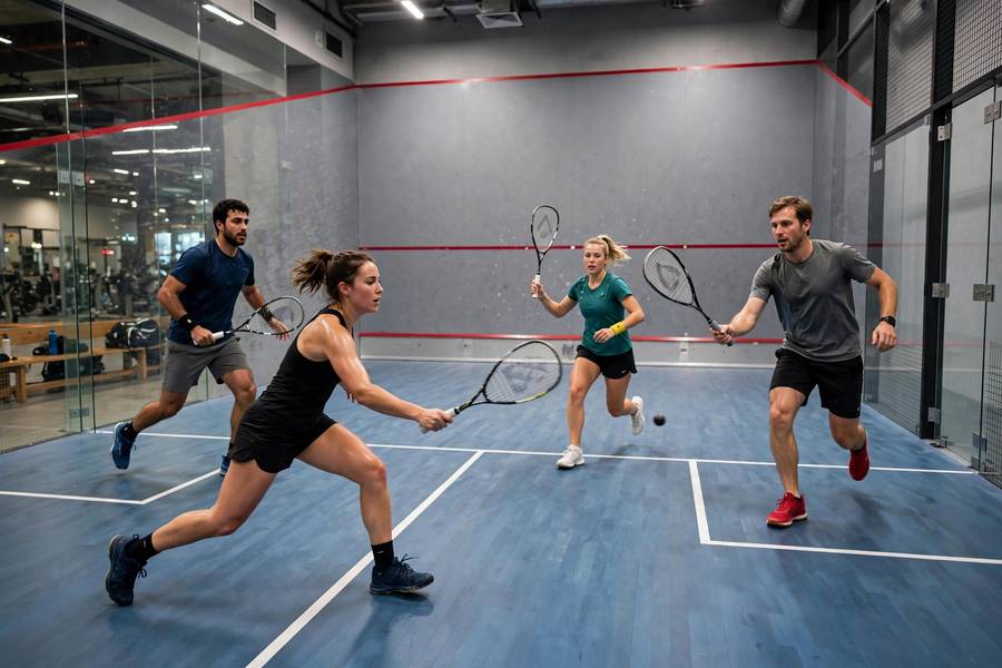 Photorealistic photo of four players in a squash doubles rally on a wide doubles court, dynamic action
