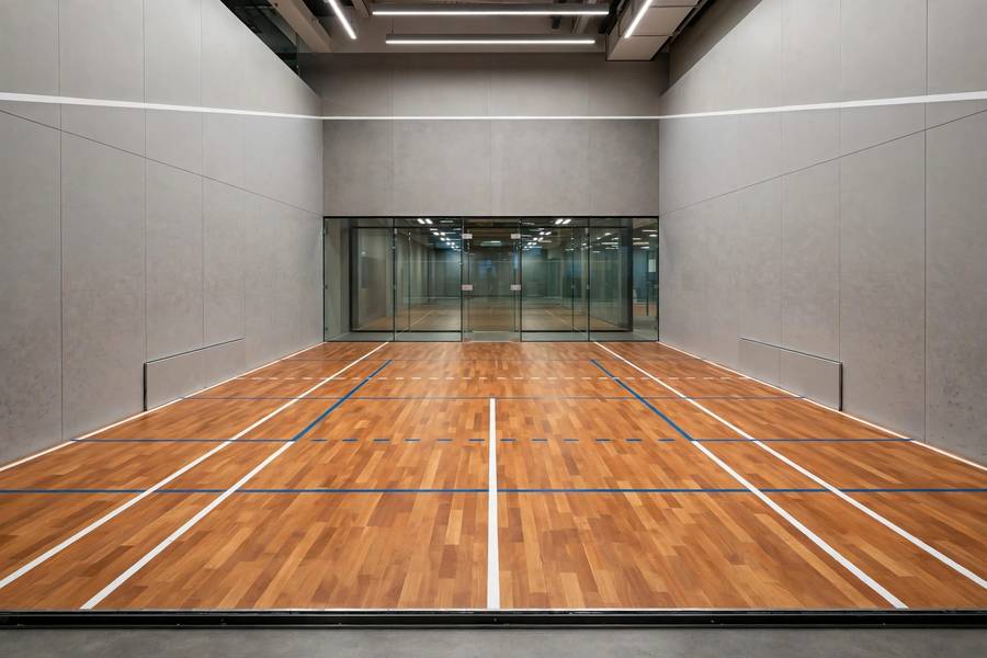 Photorealistic wide shot of an empty squash doubles court showing the wider dimensions and court markings