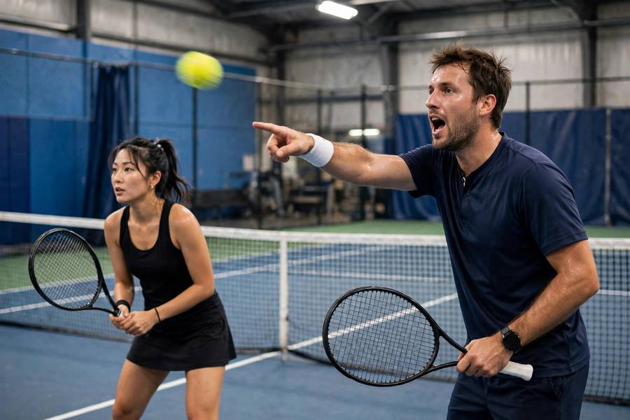 Photorealistic image of doubles partners communicating mid-rally, one calling the ball, indoor court
