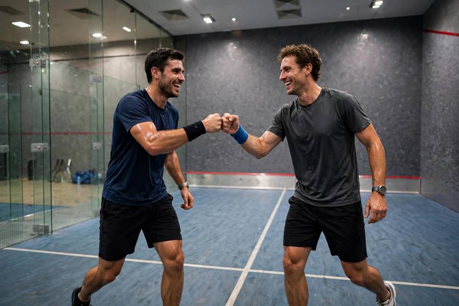Photorealistic photo of two doubles partners celebrating a point with a fist bump on a squash court
