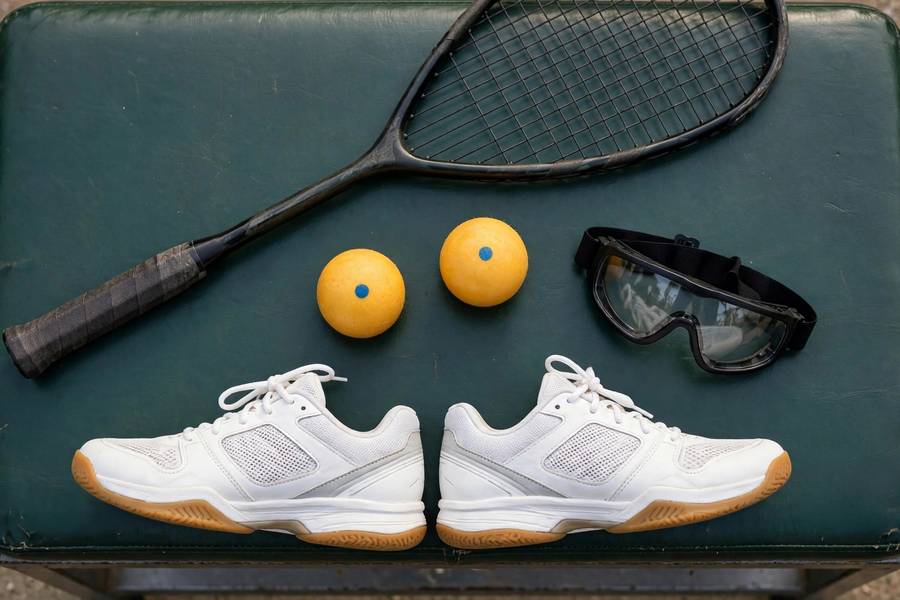 Photorealistic flat-lay photo of beginner squash equipment: racket, blue-dot balls, court shoes, eyewear on a gym bench