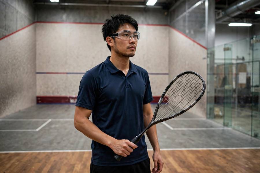 Photorealistic image of a player wearing protective squash eyewear holding a racket, indoor court background