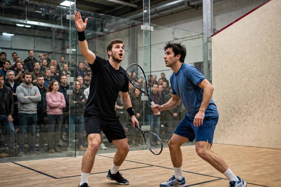 Photorealistic action shot of two squash players in a crowded mid-court interference situation, one appealing