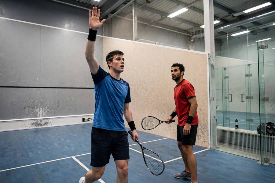 Photorealistic image of a squash player stopping play with raised hand to appeal for a let, opponent nearby